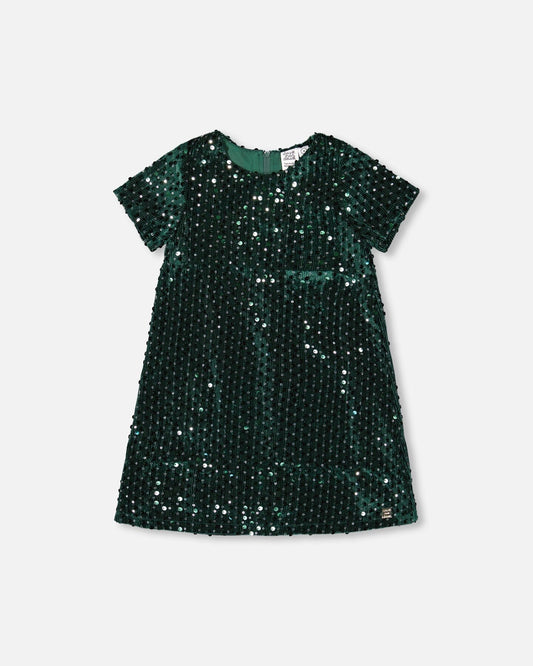 Velvet Short Sleeve Dress Forest Green-0