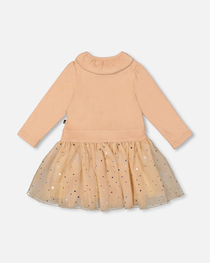 Bi-Material Dress With Glittering Skirt Beige-2