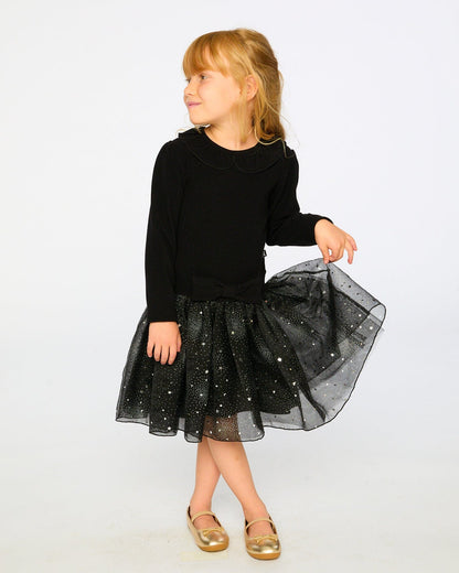 Bi-Material Dress With Glittering Skirt Black-1