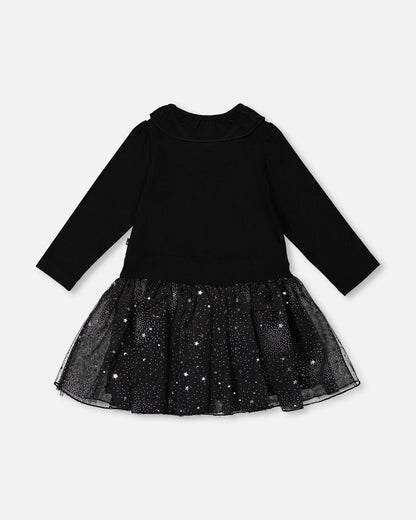 Bi-Material Dress With Glittering Skirt Black-2