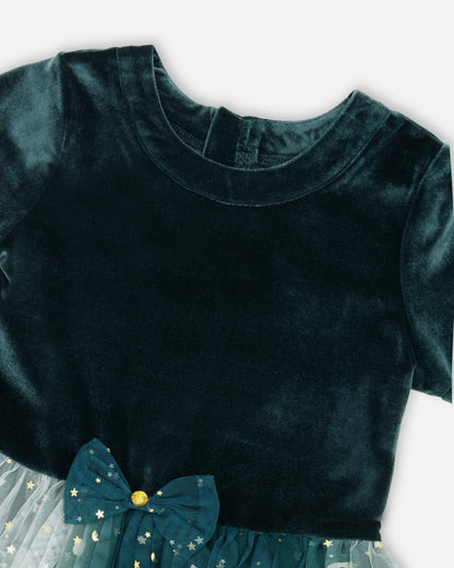 Bi-Material Short Sleeve Party Dress Forest Green-3