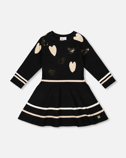 Knit Dress Black With Glittery Heart Motifs-0