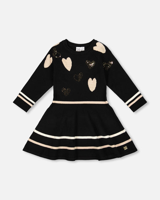 Knit Dress Black With Glittery Heart Motifs-0