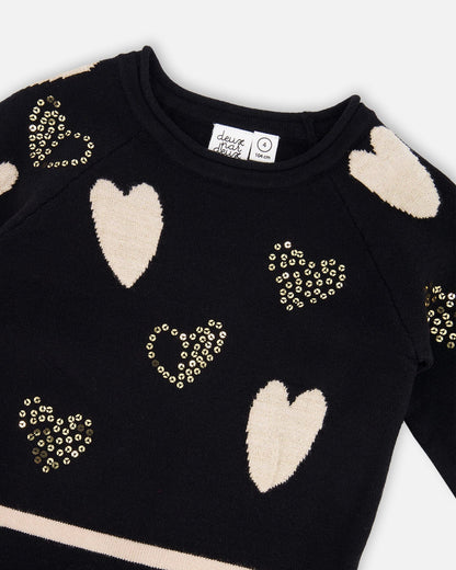 Knit Dress Black With Glittery Heart Motifs-3