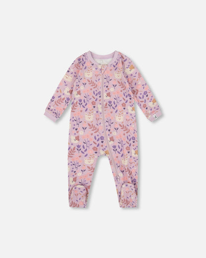 One-Piece Organic Cotton Pajama Lilac Cat Print-0