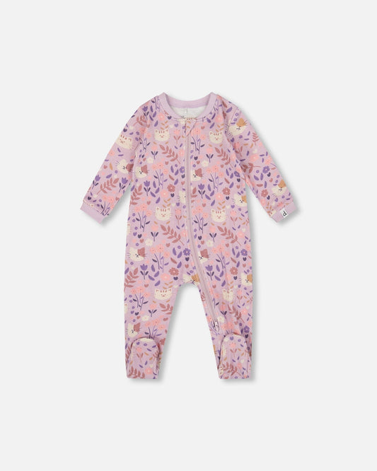 One-Piece Organic Cotton Pajama Lilac Cat Print-0