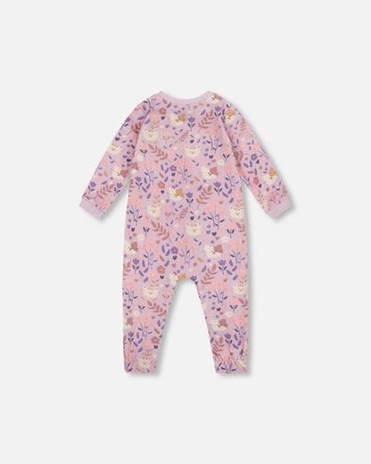 One-Piece Organic Cotton Pajama Lilac Cat Print-1
