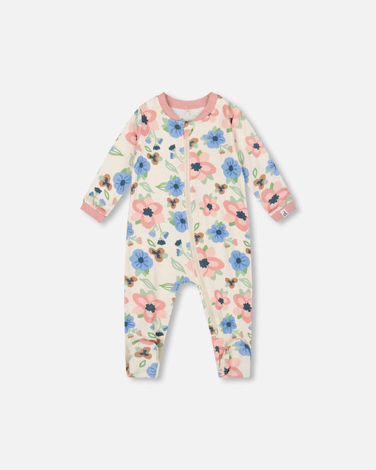 One-Piece Organic Cotton Pajama Off-White Flower Print-0