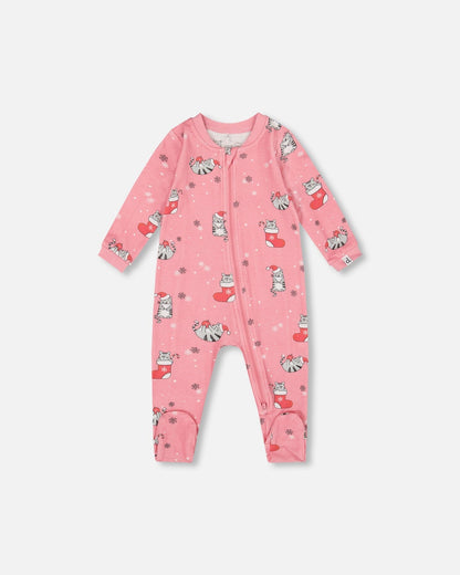 One-Piece Organic Cotton Pajama Pink Cat Print-0