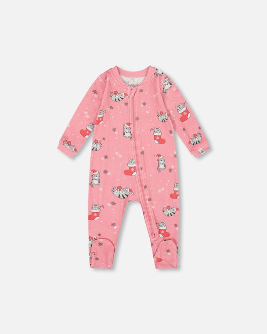 One-Piece Organic Cotton Pajama Pink Cat Print-0