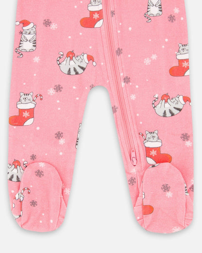 One-Piece Organic Cotton Pajama Pink Cat Print-2