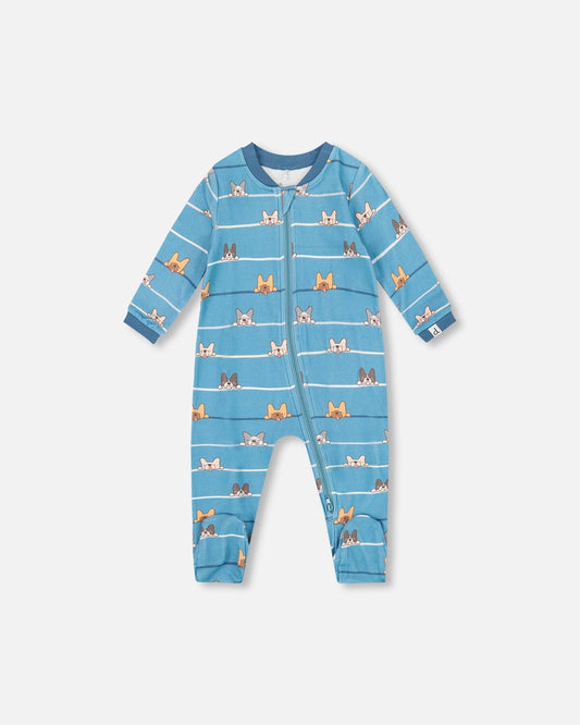 One-Piece Organic Cotton Pajama Blue Dog Print-0