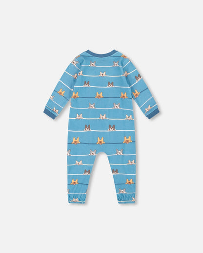 One-Piece Organic Cotton Pajama Blue Dog Print-1
