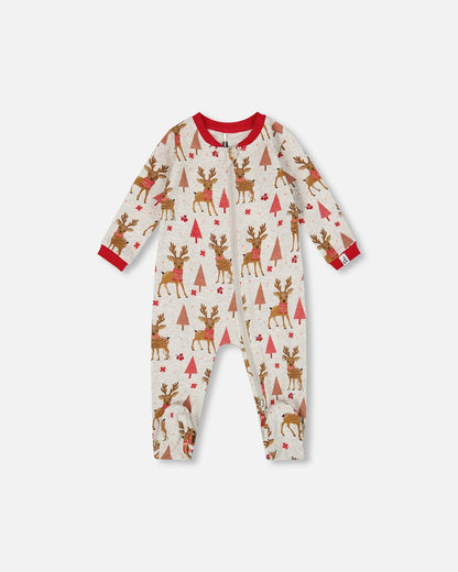 One-Piece Organic Cotton Pajama Beige Girly Reindeer Print-0
