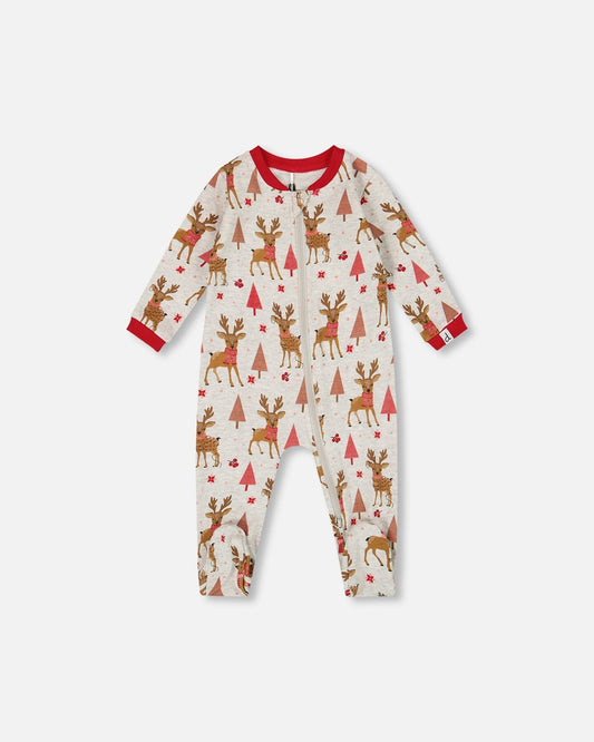 One-Piece Organic Cotton Pajama Beige Girly Reindeer Print-0