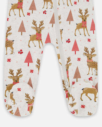 One-Piece Organic Cotton Pajama Beige Girly Reindeer Print-2