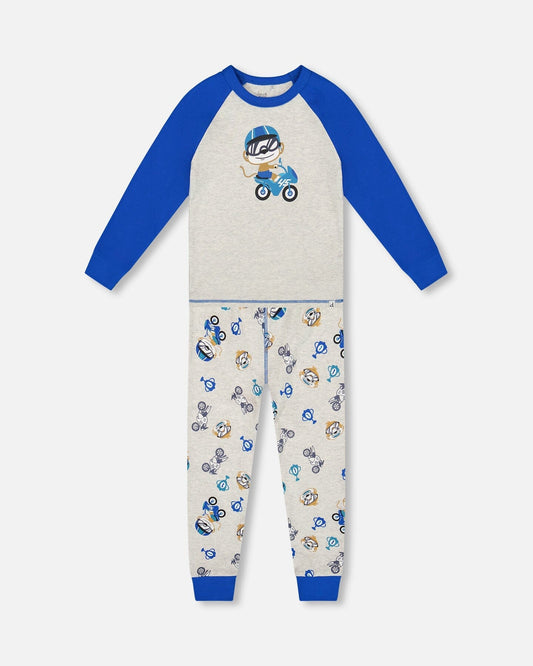 Two-Piece Organic Cotton Pajama Set Beige Monkey Print-0