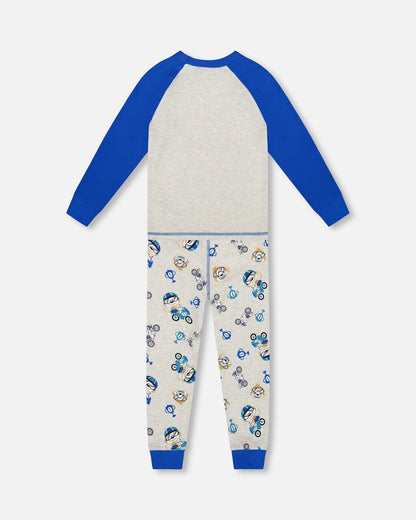 Two-Piece Organic Cotton Pajama Set Beige Monkey Print-2