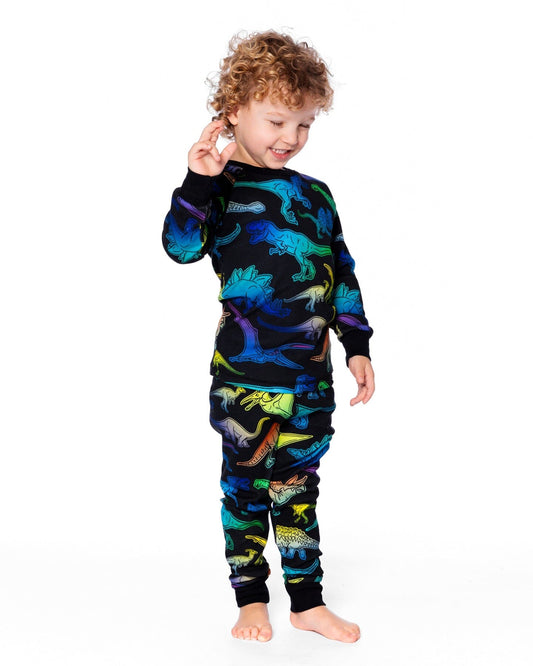 Two-Piece Organic Cotton Pajama Set Black Dinosaur Print-1