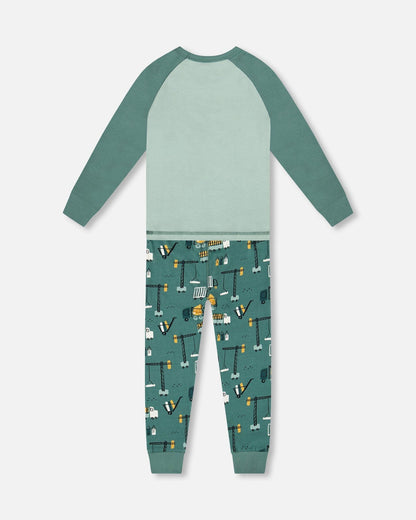 Two-Piece Organic Cotton Pajama Set Teal Construction Print-2