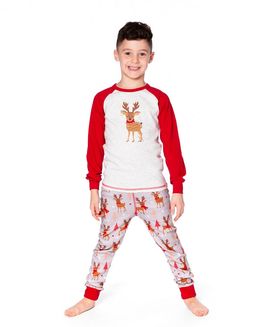 Two-Piece Organic Cotton Pajama Set Beige Reindeer Print-1