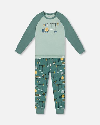 Two-Piece Organic Cotton Pajama Set Teal Construction Print-0