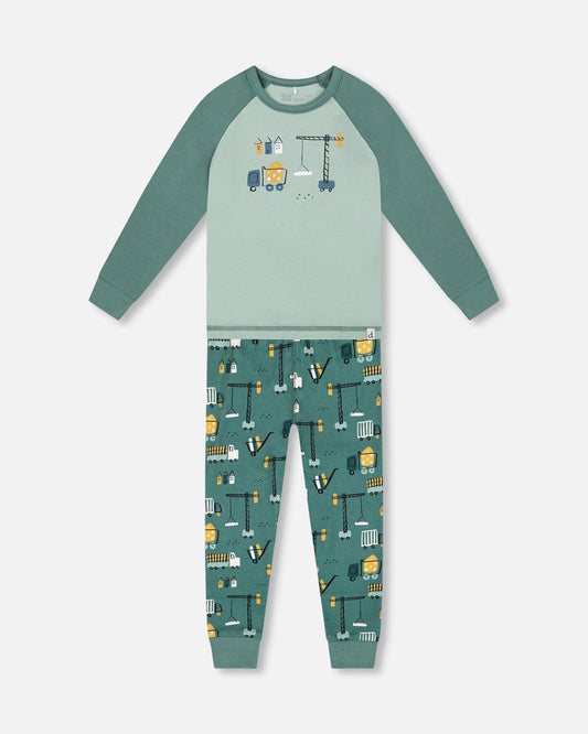 Two-Piece Organic Cotton Pajama Set Teal Construction Print-0