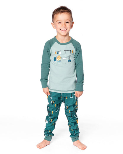 Two-Piece Organic Cotton Pajama Set Teal Construction Print-1