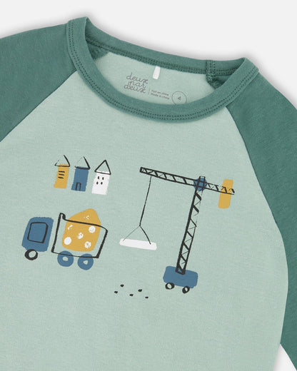 Two-Piece Organic Cotton Pajama Set Teal Construction Print-3