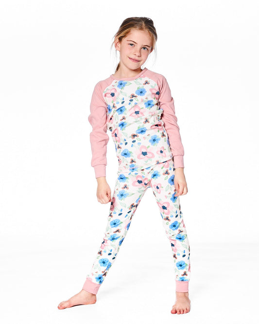 Organic Cotton Two-Piece Pajamas Off-White Flower Print-1