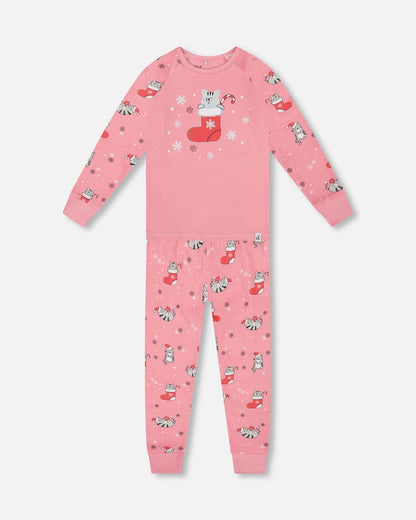 Organic Cotton Two-Piece Pajamas Pink Cat Print-0