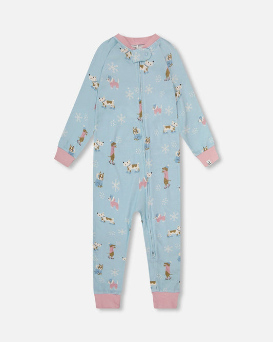 Organic Cotton Interlock One-Piece Pajama Blue Dog Print-0