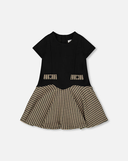 Short Sleeve Bi-Material Milano And Jacquard Knit Dress Black-0