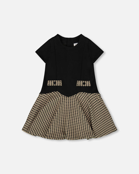 Short Sleeve Bi-Material Milano And Jacquard Knit Dress Black-0