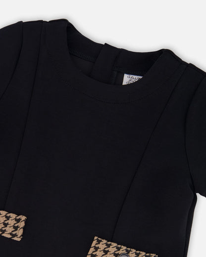 Short Sleeve Bi-Material Milano And Jacquard Knit Dress Black-3