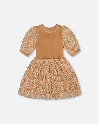 Puff Sleeve Bi-Material Velour And Lace Dress Light Caramel-0