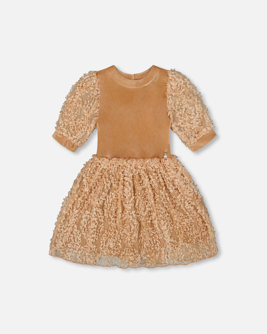 Puff Sleeve Bi-Material Velour And Lace Dress Light Caramel-0