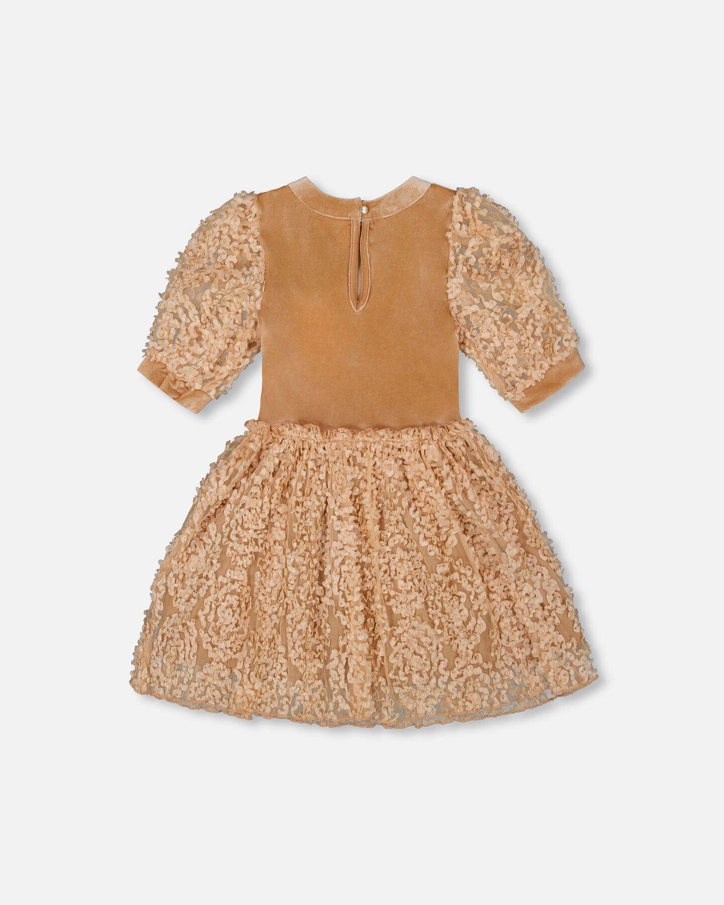 Puff Sleeve Bi-Material Velour And Lace Dress Light Caramel-1