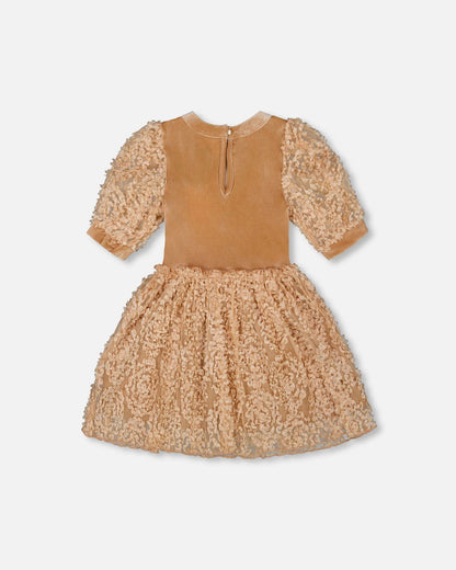 Puff Sleeve Bi-Material Velour And Lace Dress Light Caramel-1