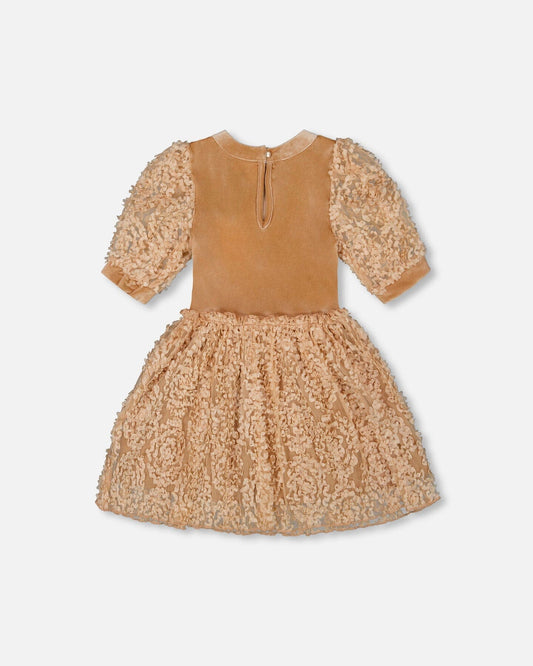 Puff Sleeve Bi-Material Velour And Lace Dress Light Caramel-1