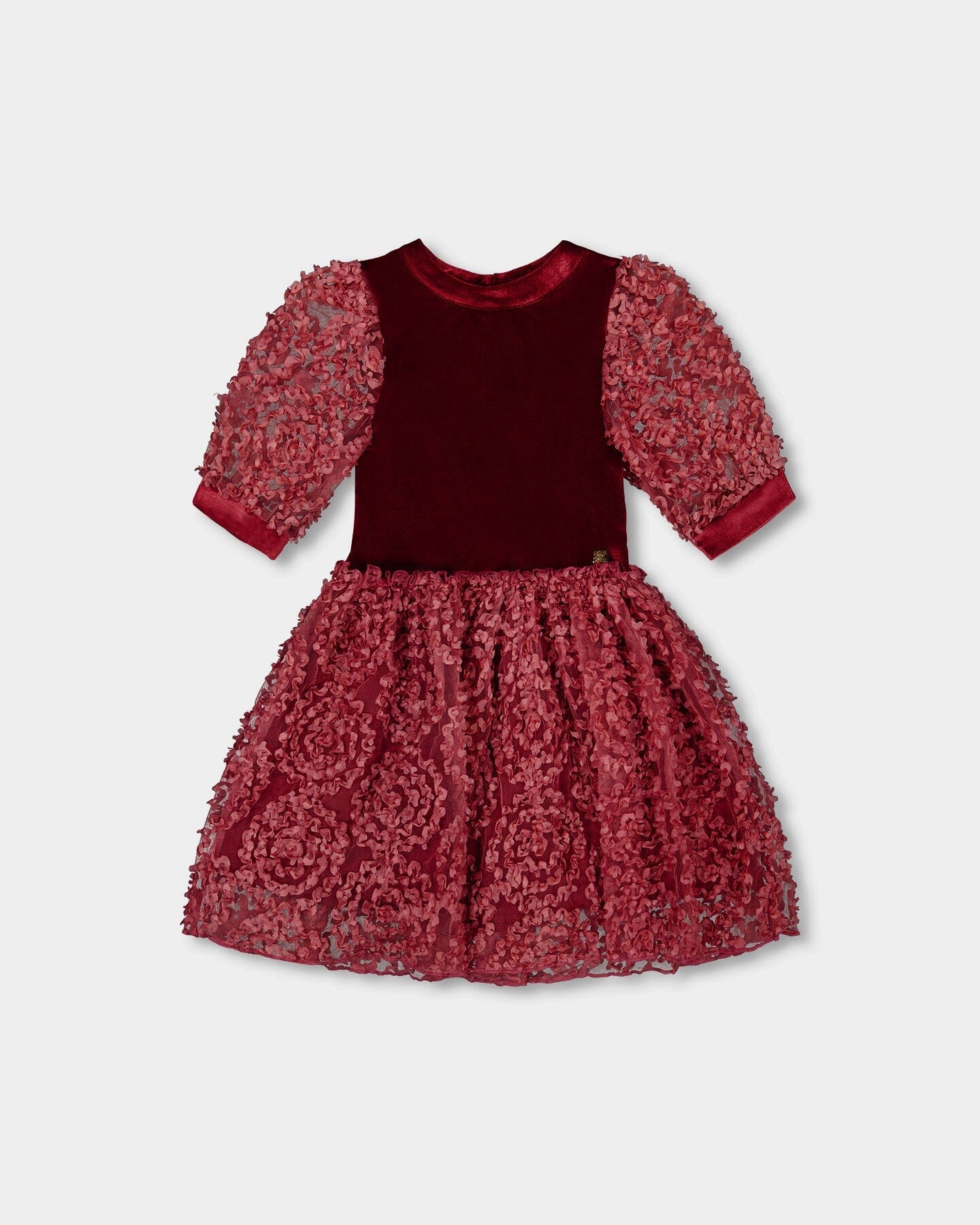Puff Sleeve Bi-Material Velour And Lace Dress Red-0
