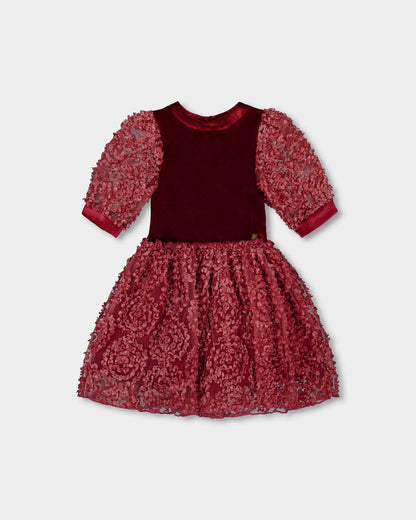 Puff Sleeve Bi-Material Velour And Lace Dress Red-0