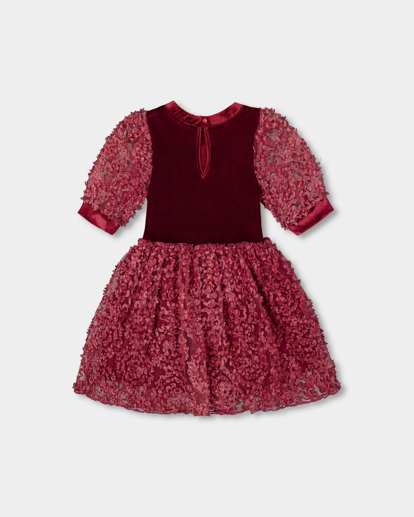 Puff Sleeve Bi-Material Velour And Lace Dress Red-1