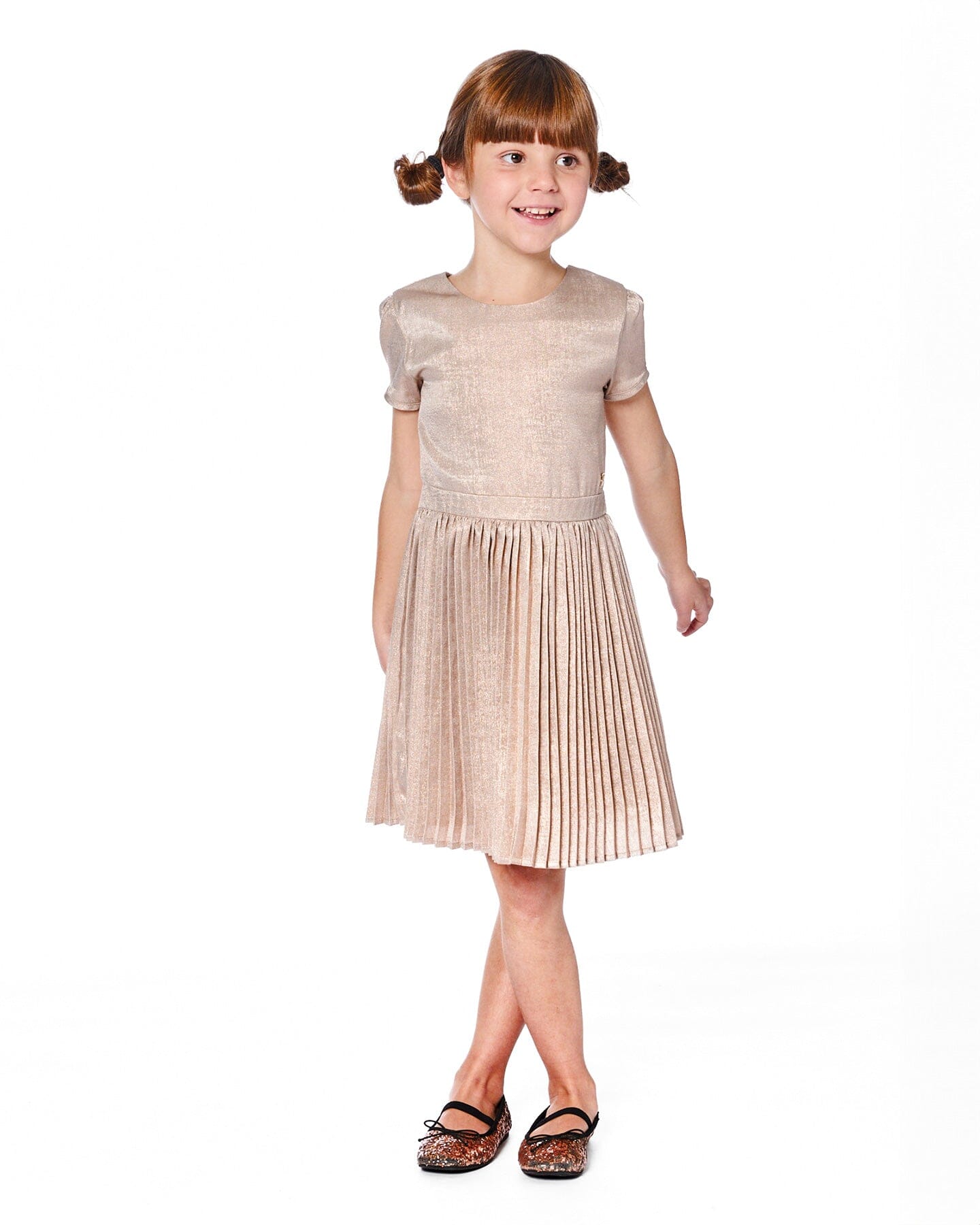 Short Sleeve Dress With Pleated Skirt Light Caramel-1