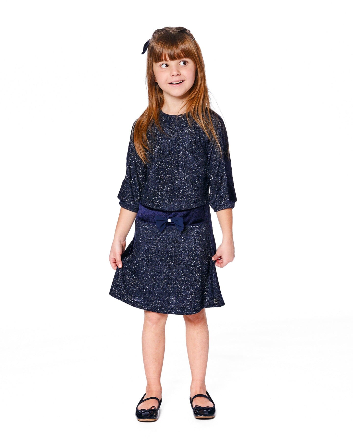 3/4 Sleeve Lurex Dress Navy Blue-1
