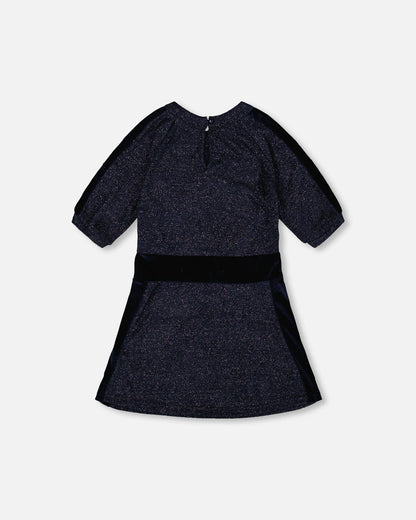 3/4 Sleeve Lurex Dress Navy Blue-2