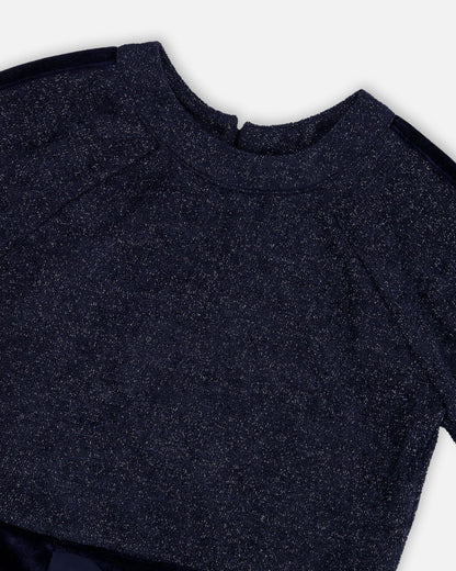 3/4 Sleeve Lurex Dress Navy Blue-3