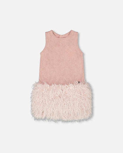 Sleeveless Bi-Material Lurex Dress With Feathers Light Pink-0