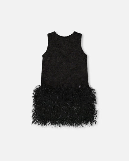 Sleeveless Bi-Material Lurex Dress With Feathers Black-0