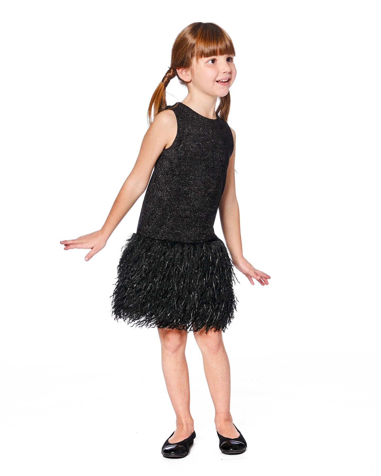 Sleeveless Bi-Material Lurex Dress With Feathers Black-1